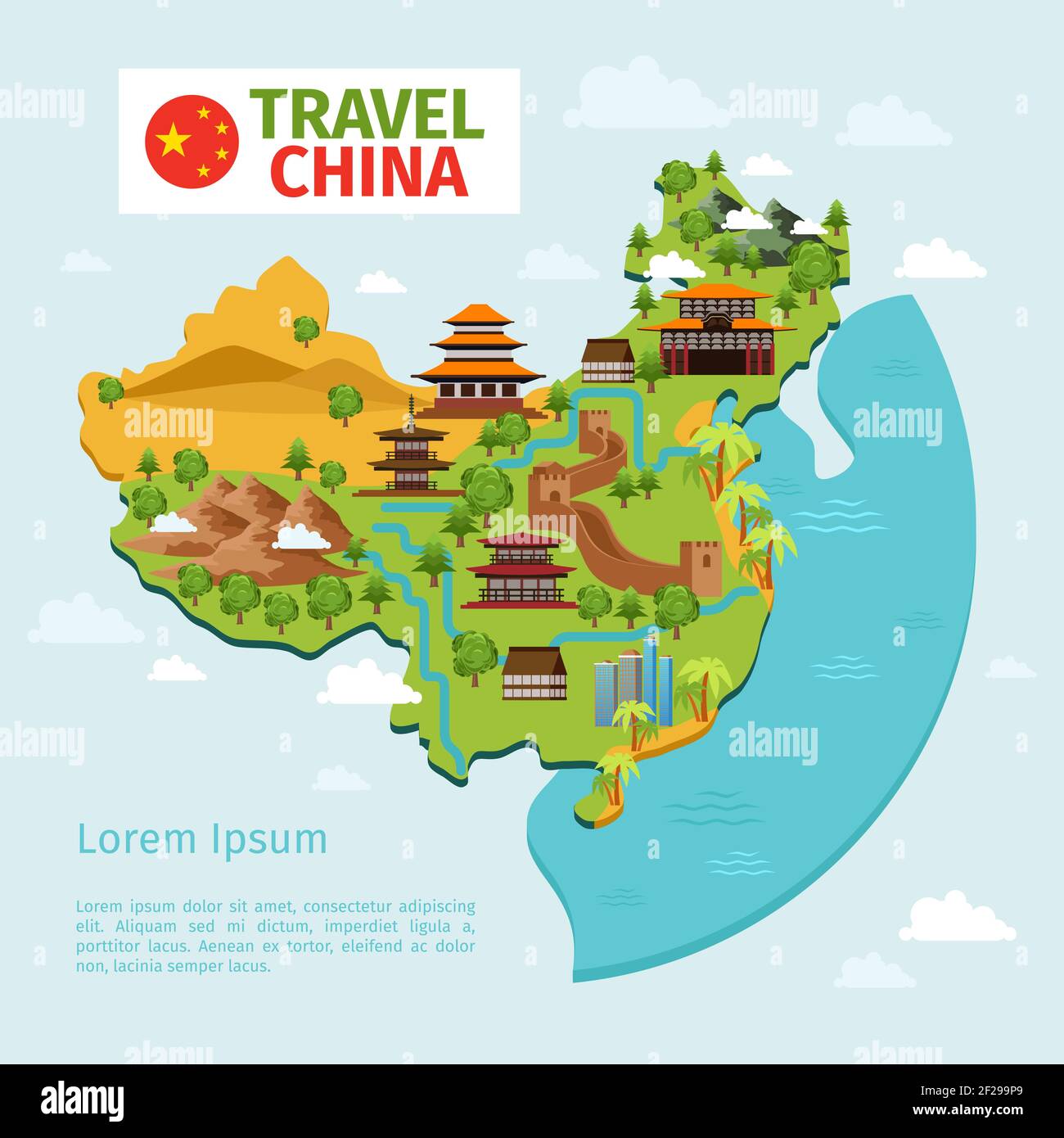 China travel vector map with traditional Chinese landmarks. Culture east asian, country tourism. China travel map vector illustration Stock Vector