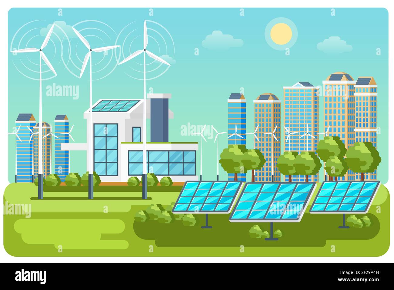 Green energy urban landscape vector. Ecology nature, eco house building ...