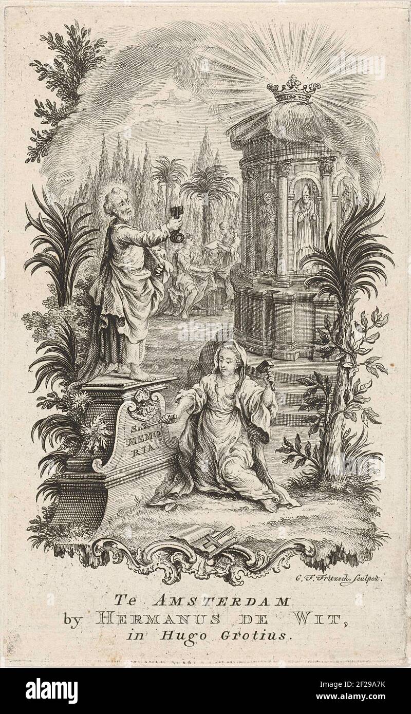 Petrus met de sleutel van het Koninkrijk der Hemelen.Title page with allegorical representation of Petrus. On the left Peter is on a pedestal with the key of the kingdom of heaven in his hand. A veiled woman was knocked down at the pedestal to chisel a inscription. Right in the distance is a temple where images are placed in Nissen. Stock Photo