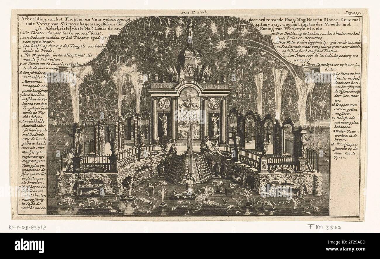 Fireworks at the celebration of the Peace of Utrecht, 1713; Image of the  theater and fireworks, oriented by Ordre Vande high: Mog: Lord States  General, in the Vyver van S'gravenhage, lit the