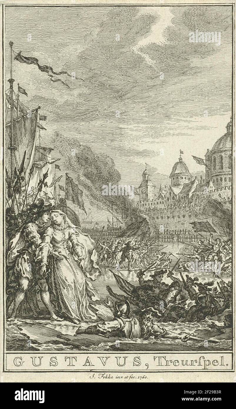 Man vangt flauwgevallen vrouw op; Gustavus, Treurspel.Battle on the ice for a city. On the left a man catches a fainted woman. A few soldiers have dropped through the ice. This print is made for the 'Gustavus' torment game from Alexis Piron. Stock Photo