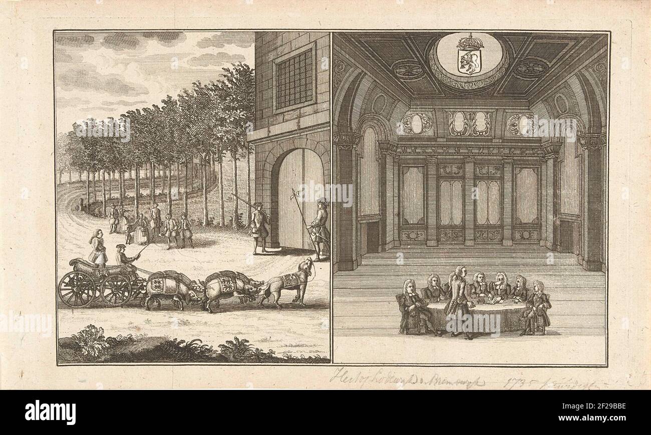 Spotprent op de pogingen van prins Willem IV om stadhouder te worden, 1735.Cartoon on the attempts of Prince Willem IV to become Stadholder of the entire Republic, 1735. Presentation in two parts. On the left the carriage of the prince pulled by pigs (with covers with the weapon of Friesland) and an English dog, the prince advocates his case standing for a conference table. A text sheet with an explanation on the plate belongs to the print. Stock Photo