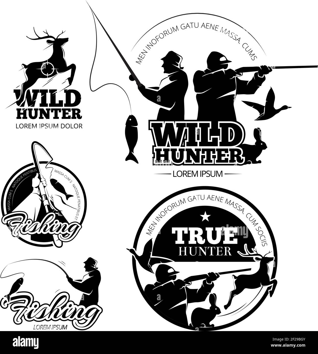 Vintage hunting and fishing vector labels, logos and emblems set. Deer ...