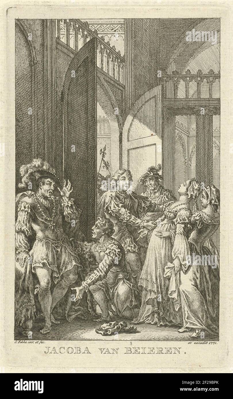 Jacoba van Beieren valt flauw; Jacoba van Beieren.Jacoba van Bavaria faints with regard to a male guest. She is collected by a woman behind her. Links next door are two noblers in conversation. This print is made for the torment game 'Jacoba van Bavaria, Countess of Holland and Zeeland' by Jan de Marre. Stock Photo