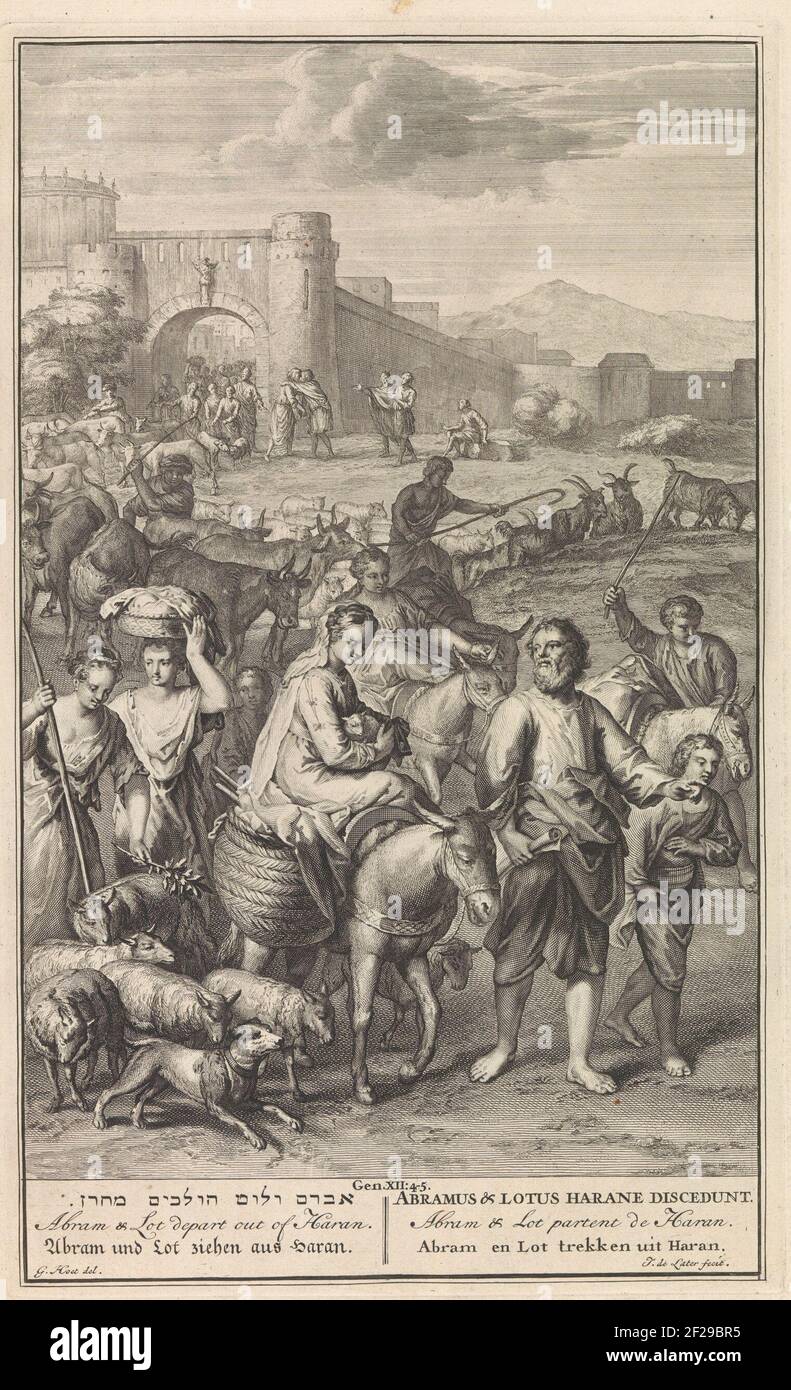 Abraham en Lot verlaten Haran.Abraham leaves on God's order with lot from Haran. A procession of people and animals pulls through gate. In the foreground a woman sits on a donkey with a lamb in her arms, to the right of this walk Abraham and Lot. Biblical performance from Gen. 12: 4-5 with the title of the show in six languages in the margin. Stock Photo