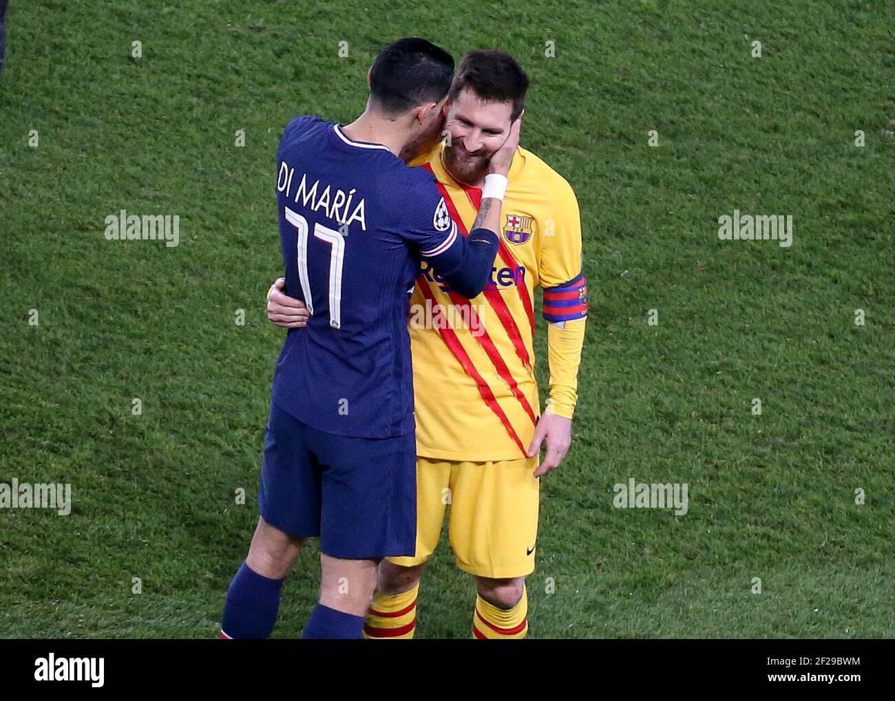 Angel Di Maria of PSG consoles countryman Lionel Messi of Barcelona  following the UEFA Champions League, round of 16, 2nd leg football match  between Paris Saint-Germain (PSG) and FC Barcelona (Barca) on