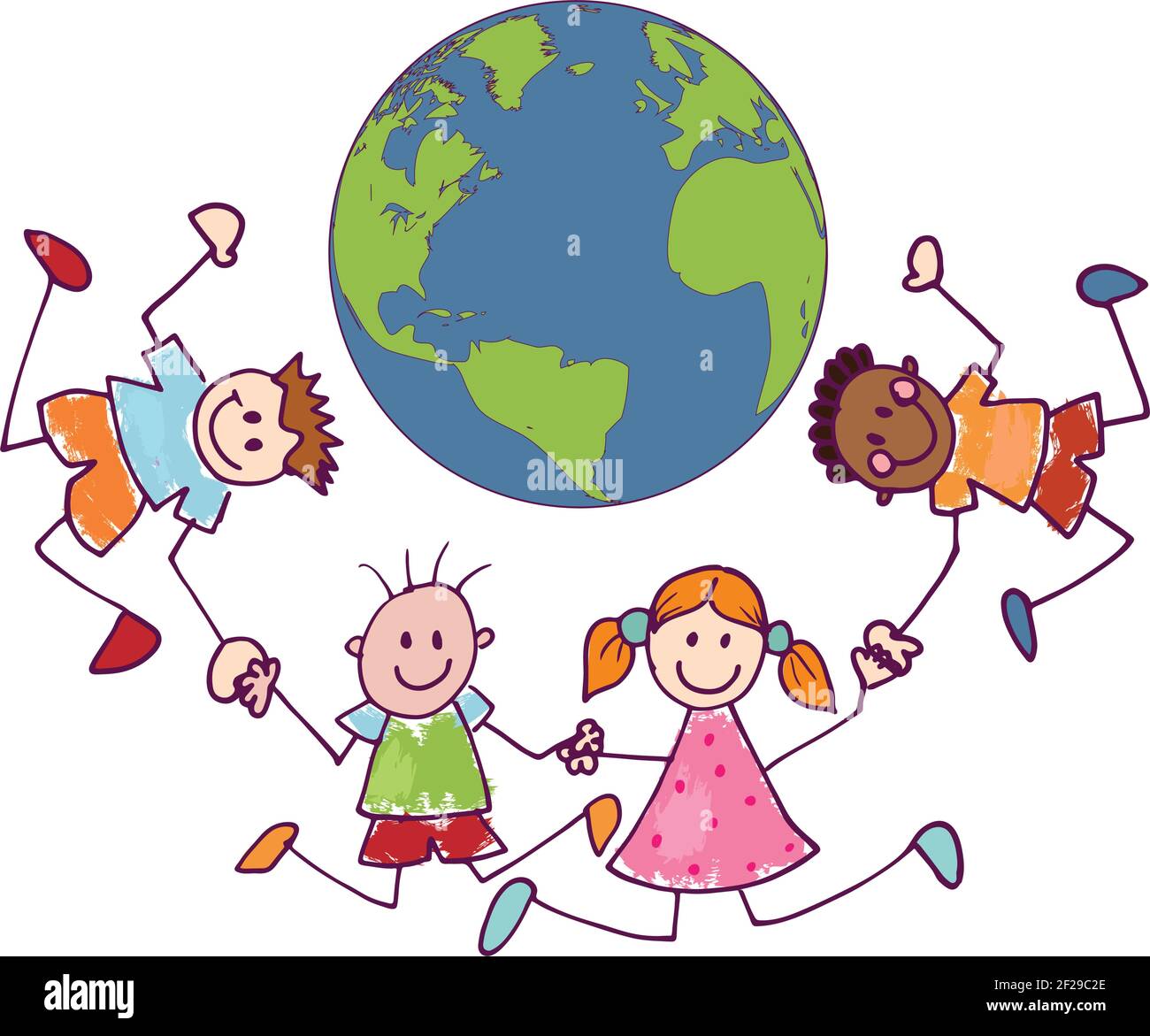 Cartoon of group  multiethnic joyful and happy smiling children holding hands in a circle around the Earth. Cute kids in doodle style. Peace unity Stock Vector