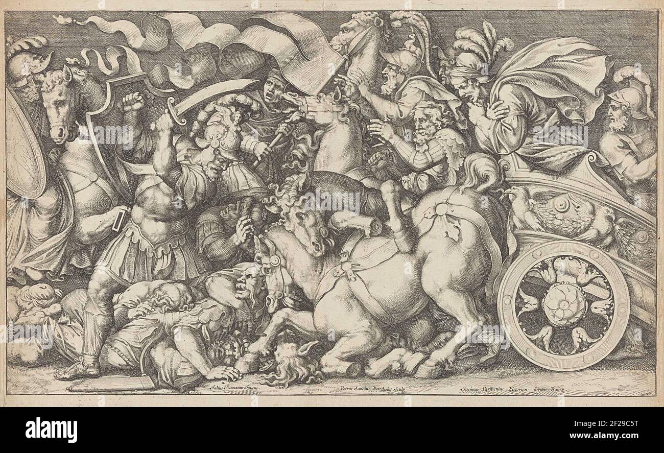 Gevechtsscène.Battle scene with soldiers on foot, soldiers on horseback and a chariot with