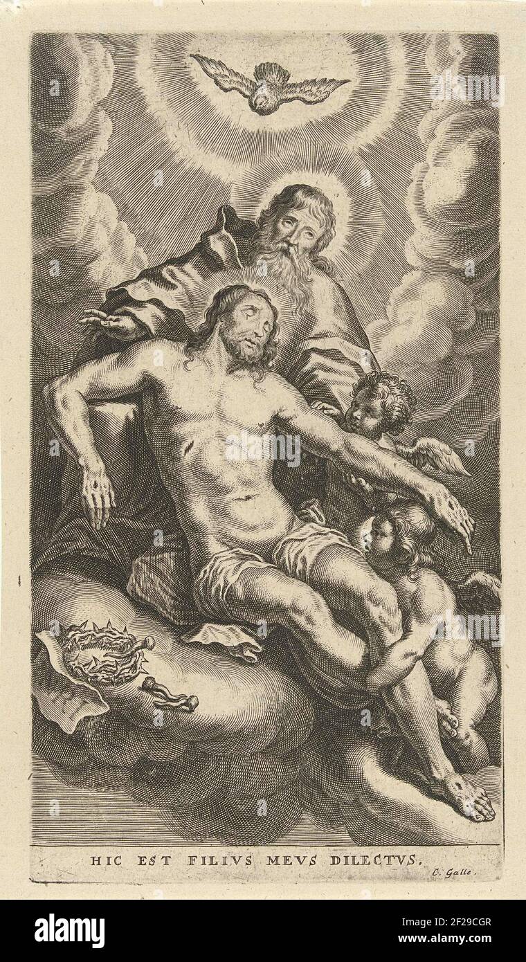 Ascension of Christ; HIC EST FILIUS MEUS DILECTUS.GOD The father and two angels wear Christ on a cloud to heaven. Above them, the Holy Spirit floats in the form of a pigeon in a ray wreath. Besides Christ on the cloud there are thorns crown and the cross nails. Stock Photo