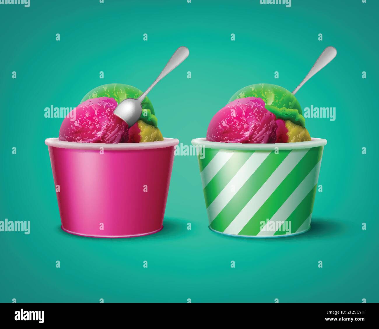 Vector illustration of triple ice cream scoops in striped and pink