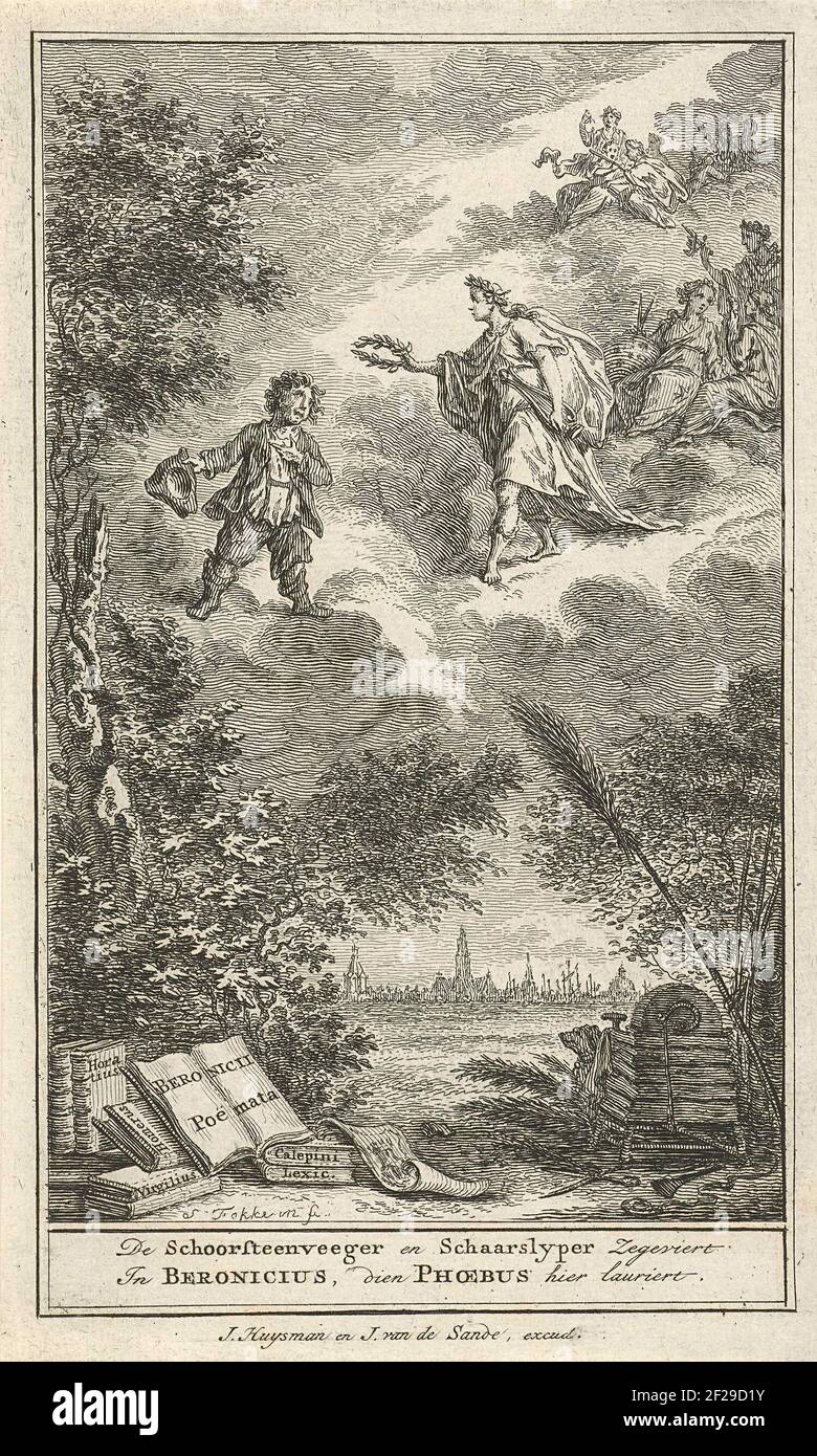 Young man is raised; Title page for: Farmers and Government Stryd; and the other poems of P.J. BERONICIUS.IN THE SKY A YOUNG MAN TAKES OFF HIS HAT to BE Acclaimed by Apollo. There are Muses Behind Apollo. Below in The Foreground, Books by O.A. Horace, Homer, Vergilius, Right is a scissor and a chimney sweeps bromo. There is a two-time text under the show. Stock Photo