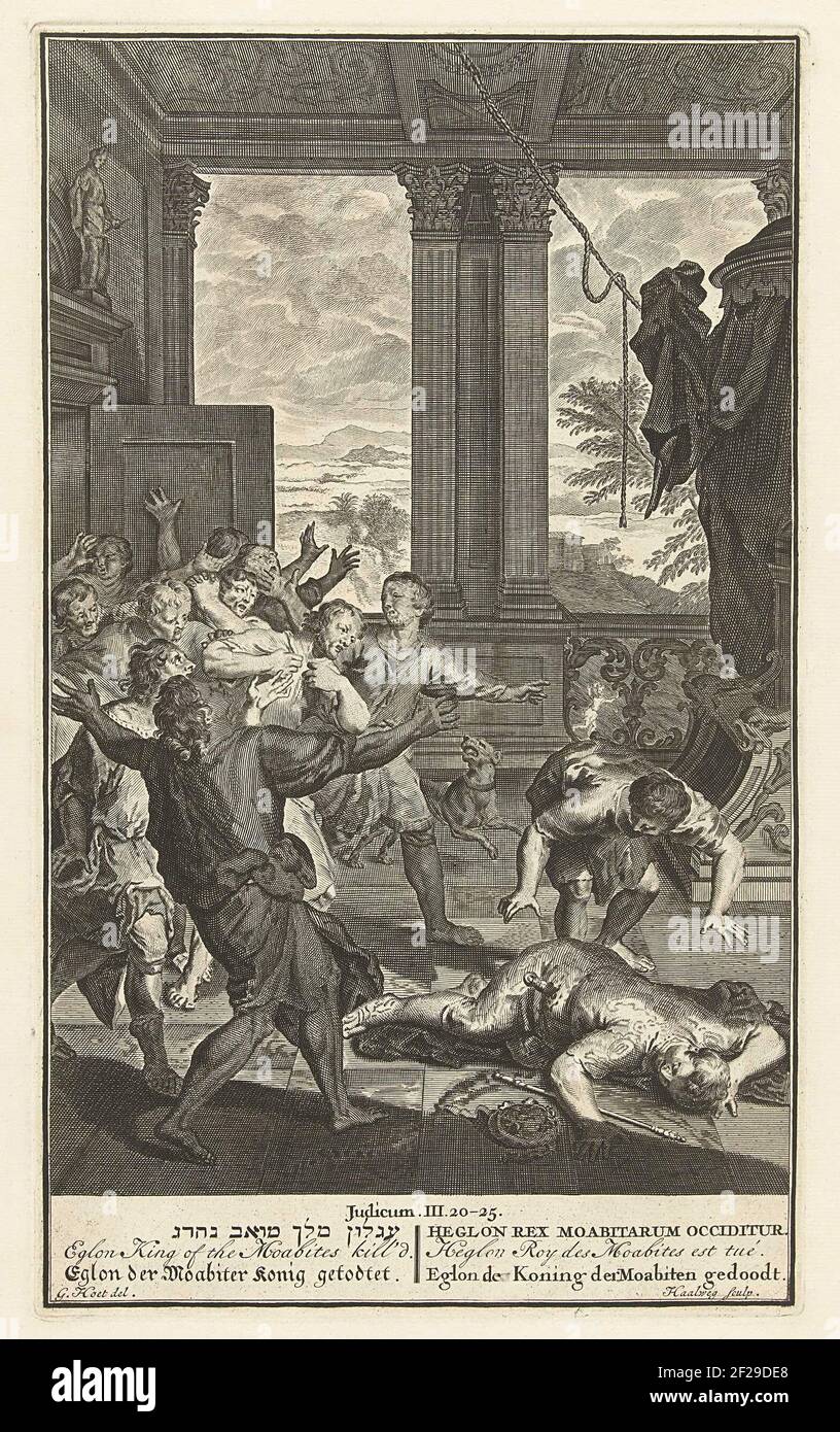 Eglon, the King of the Moabiten is found dead. In an interior with classical columns and a view of a wide landscape, Eglon, king of the Moabiten is killed on the ground in a puddle of blood, next to him his staff and headdress. A number of men come through a door on the left, their hands resigned to the top. Under the show the name of the gospel and the verses, below the title of the performance in six languages. Stock Photo