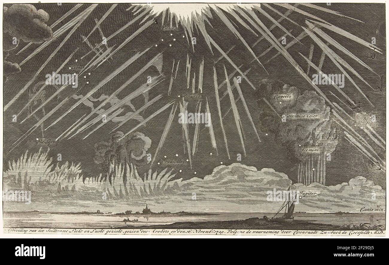 Sky symptoms, 1729; Image of the Soudling Light and Aerial Face, considering the evening on the 16 Novemberg: 1729. According to the observation by Coenraadt Zumbach de Croesfeldt M.D..Scape Phenomena Observed November 16, 1729 by Conrado Zumbach The Croesvelt, Possibly Above Haarlem or Leiden. Special Rays, Clouds, Planets and Stars in the Sky Above A Lake and A Village. The Noorderlicht is probably grouped. Stock Photo