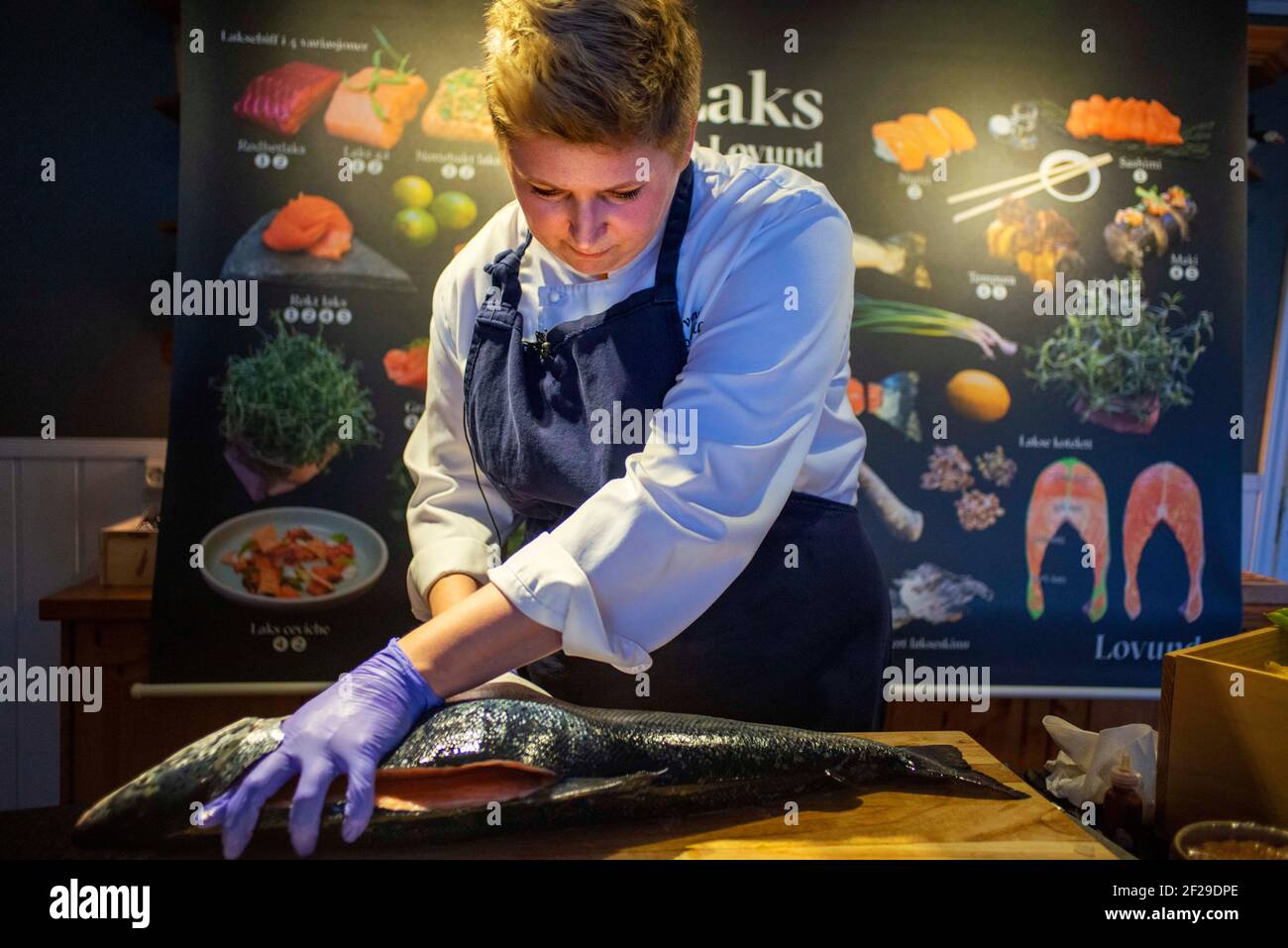 Traditional salmon making in Maaken restaurant. Lovund island, Nortern Norway. Stock Photo
