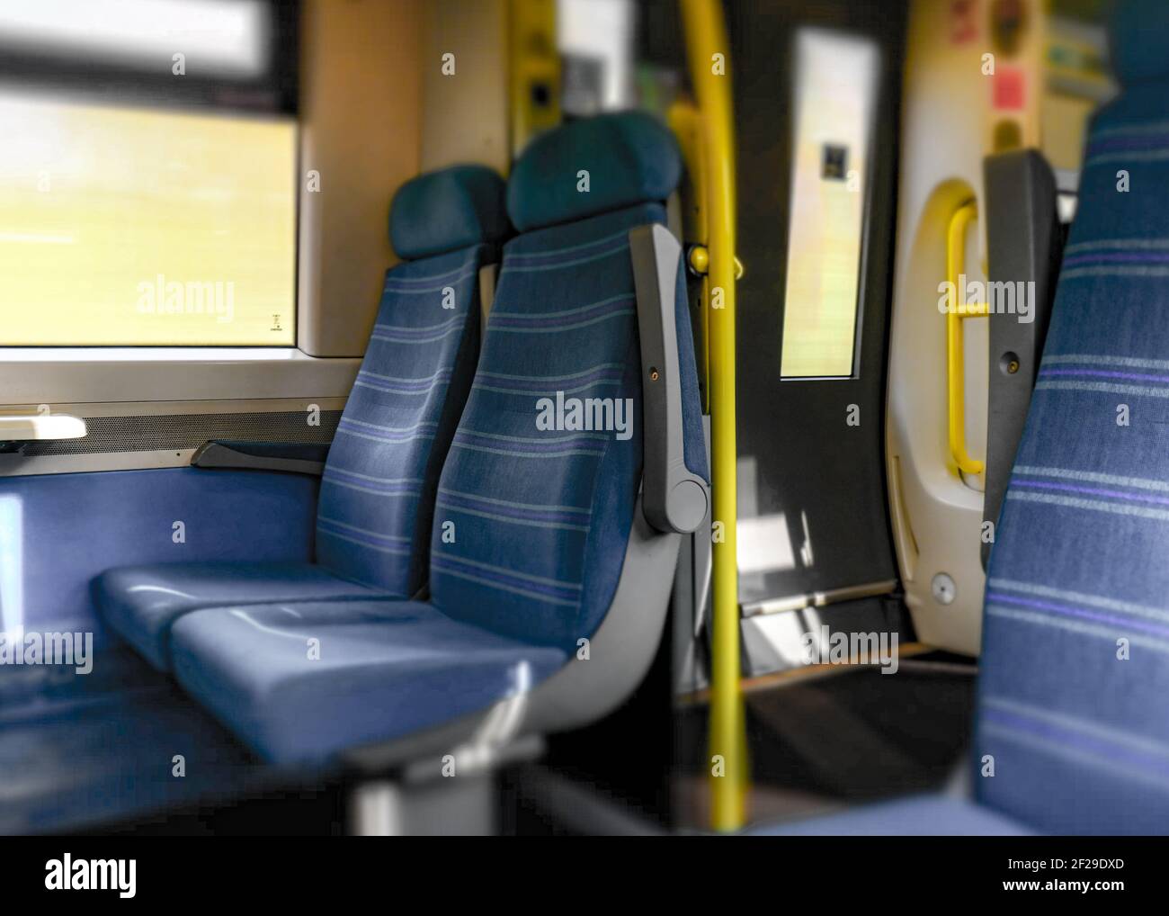 Dorking, UK- March 2021: Interior of train Southern Rail train carriage with empty seats Stock Photo