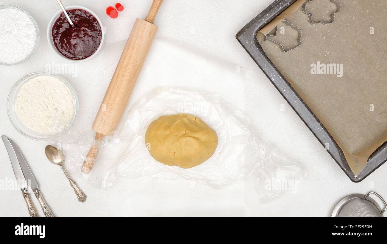 Baking process, food background. Shortbread cookie dough, baking pan