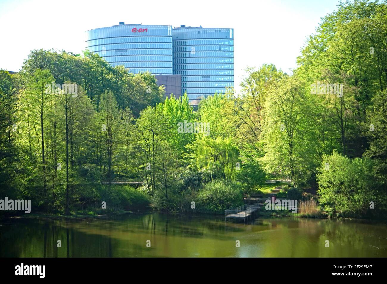 Gruga park with E-ON building in the background, Essen, NRW, Germany, Europe, April 2020 Stock Photo