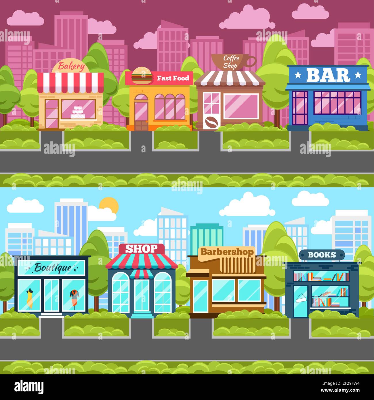 Shops and stores city street. Fast food, book and coffee bar, barbershop and bakery. Vector illustration Stock Vector