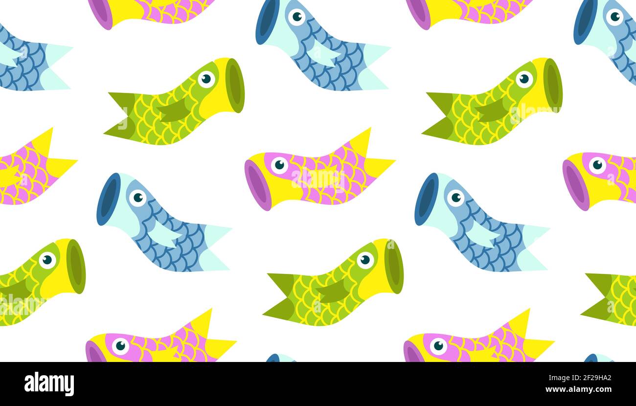 Koinobori carp streamer fish kites. Happy childrens day seamless pattern with fish. Vector background Stock Vector