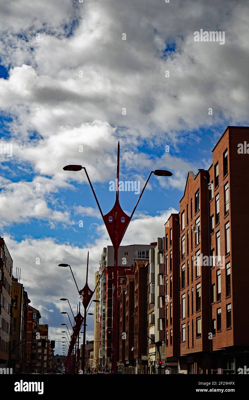St. James Way following the Street of the city Leon, West of the river Bernesga. Typical for this street are the special street lamps. October 2020 Stock Photo