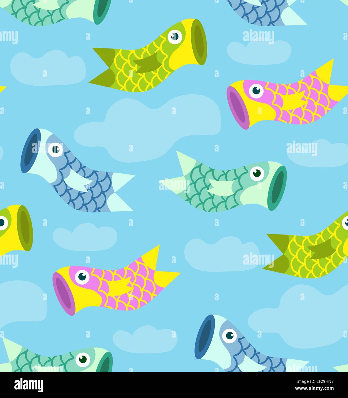 Koinobori carp streamer fish kites. Happy childrens day seamless pattern with fish. Vector background Stock Vector