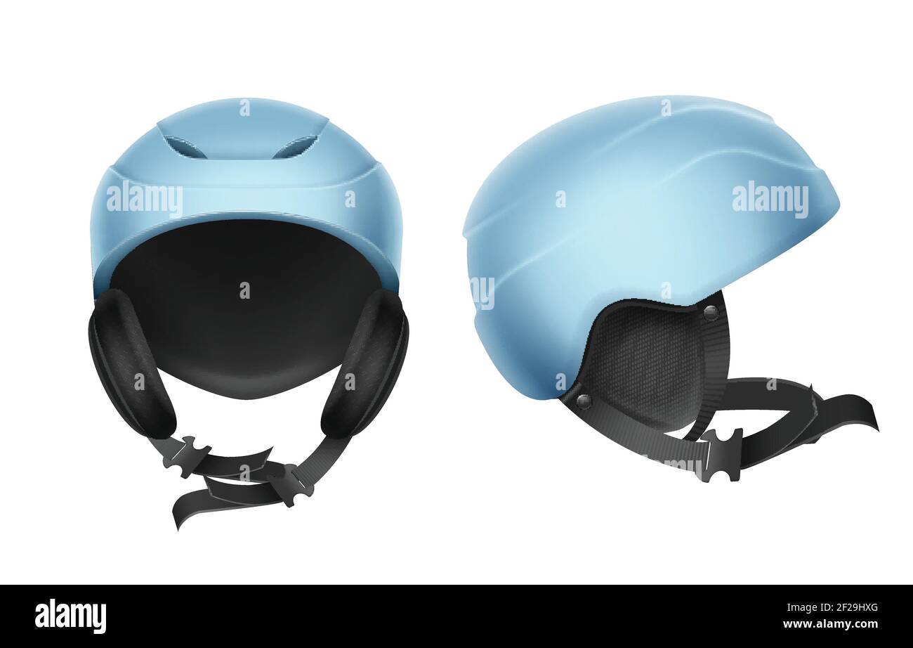 Vector blue protective helmet for skiing, snowboarding and other winter sports front, side view isolated on white background Stock Vector