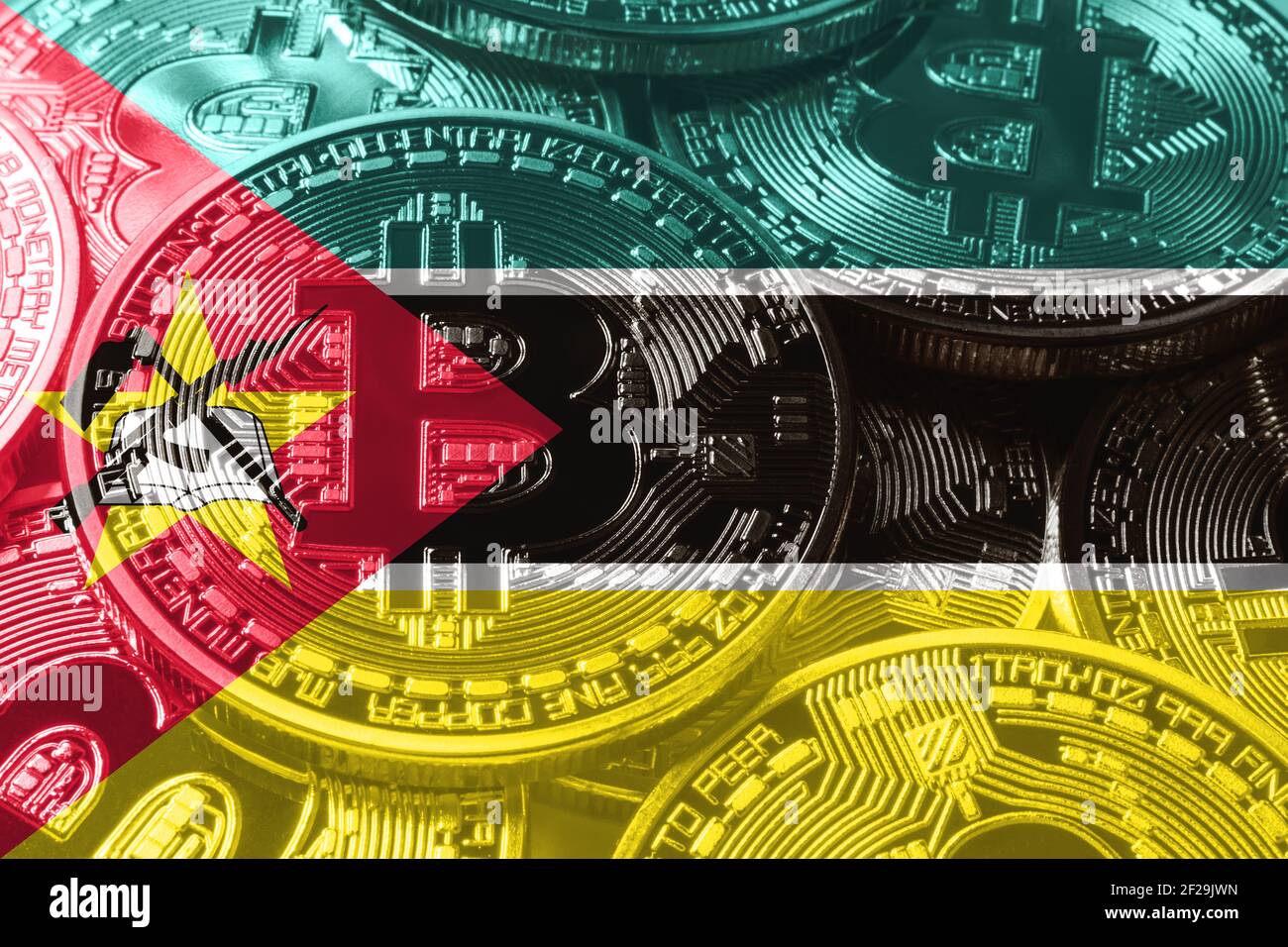 Mozambique bitcoin flag, national flag cryptocurrency concept black  background Stock Photo - Alamy