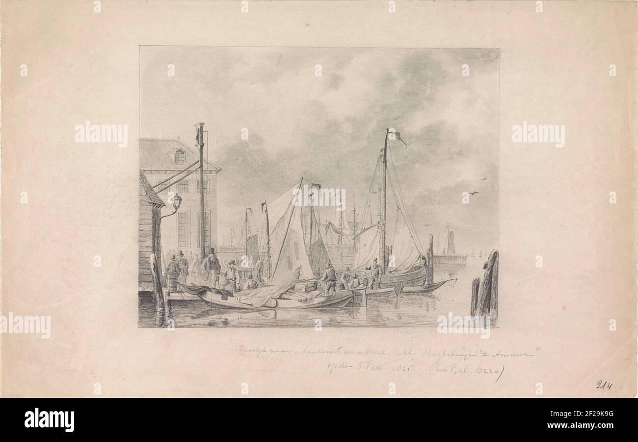 Aankomst in Amsterdam van vluchtelingen voor de watersnood, 1825.Arrival in the port of Amsterdam of a few small boats with refugees from Noord-Holland that flee for the flood from the flight, February 3, 1825. To an illustration from a flood memorial of the flood of 1825. Stock Photo