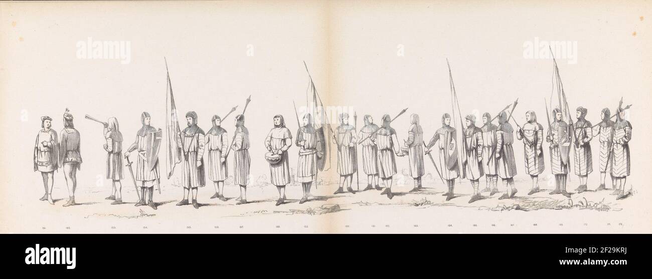 Masquerade of Leiden students, 1865 (plate 13); Coated adaptives held by the members of the Leidsche Student-Corps den 6den Junij 1865, at the celebration of the 290s birthday of the Leidsche Hoogeschool, presenting: the Intogt of Hollanders within Zierikzee under Jonker Willem, Grave van Oostervant, on the 12th August Anno 1304. Historical costumed procession of the students of Leiden Hogeschool held on June 6, 1865 on the occasion of the 290th anniversary of the university. The procession represents the entry of the Dutch within Zierikzee on August 12, 1304. Thirteenth plate with the groups Stock Photo