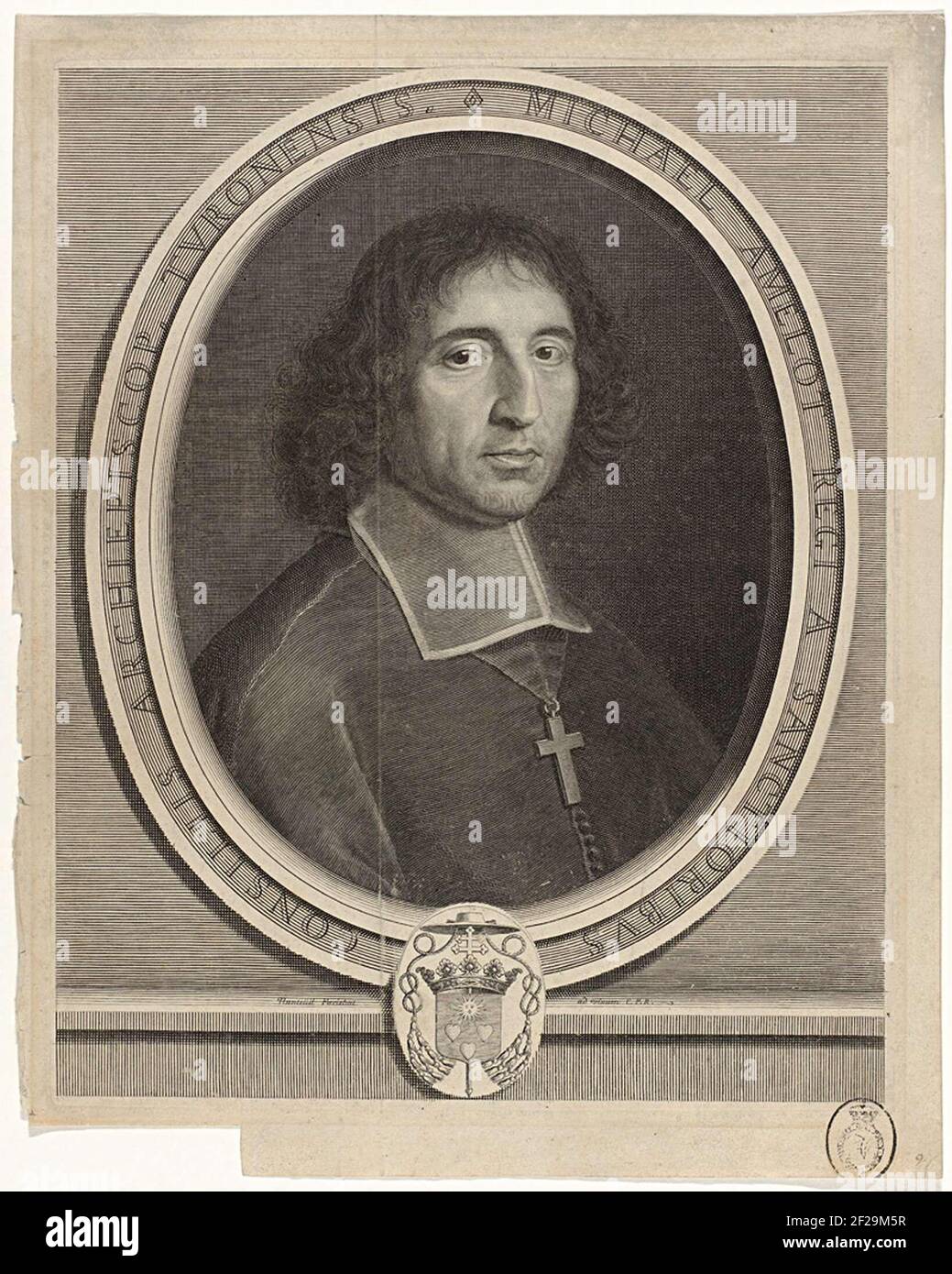 Bust to the right, cross on the chest, in oval list of peripheral. Arm