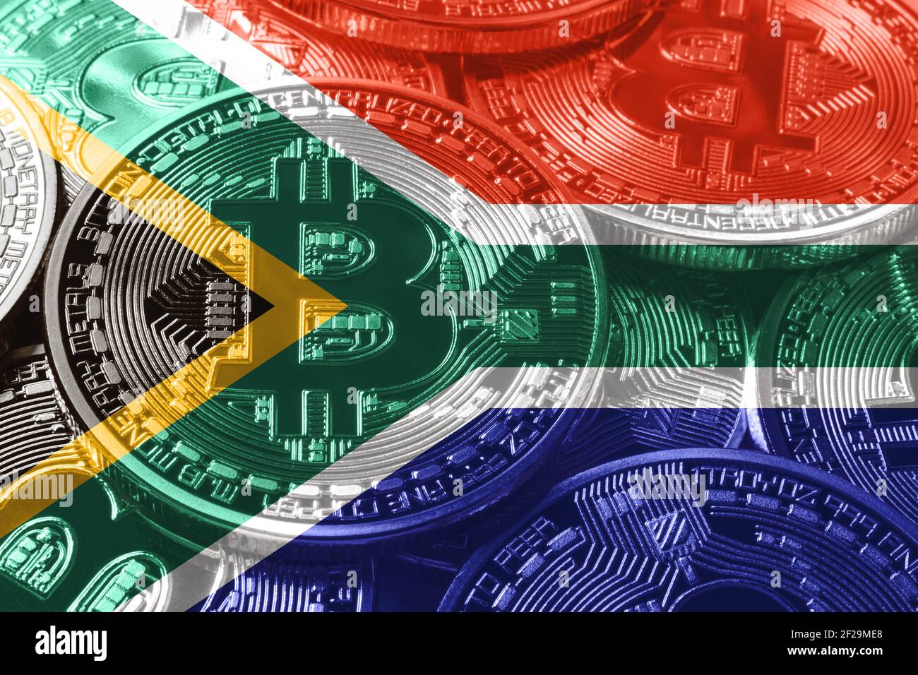 South Africa bitcoin flag, national flag cryptocurrency concept black  background Stock Photo - Alamy