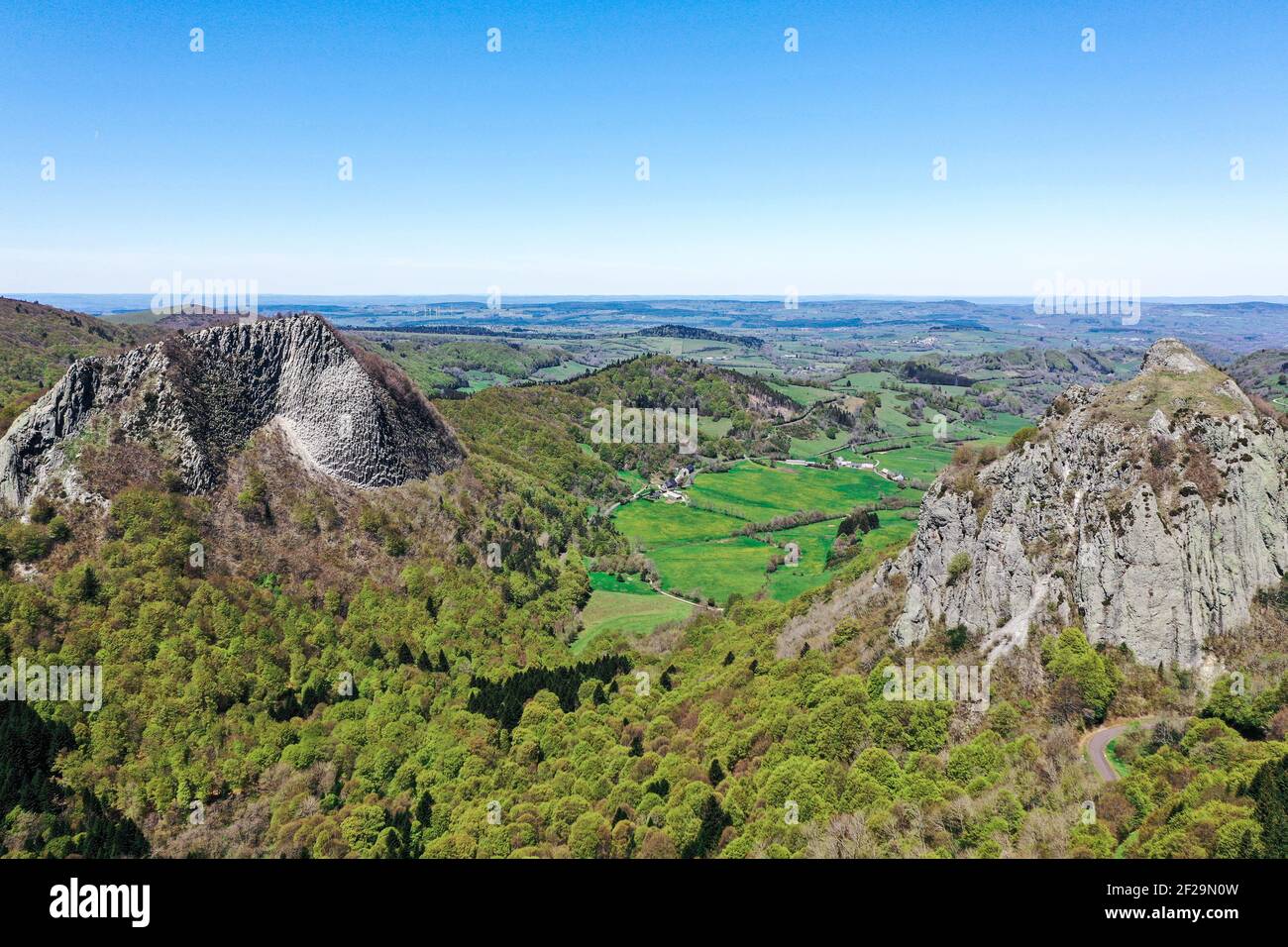 Drone View on Roches Tuilière et Sanadoire, 63970 Aydat, Auvergne, Puy de Dome, France Stock Photo