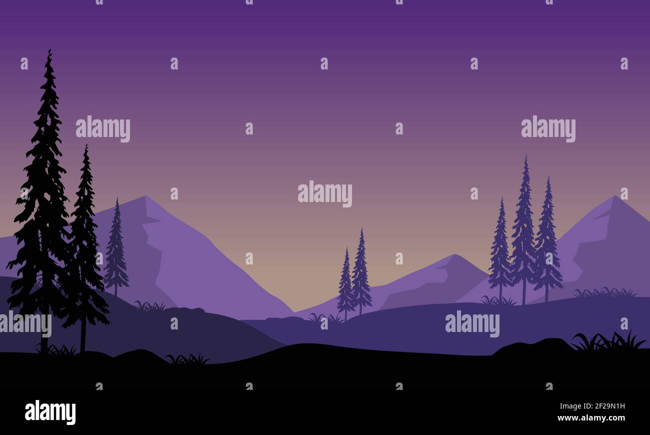 Gorgeous night view of the mountains under a stunning purple sky. Vector illustration of a city Stock Vector