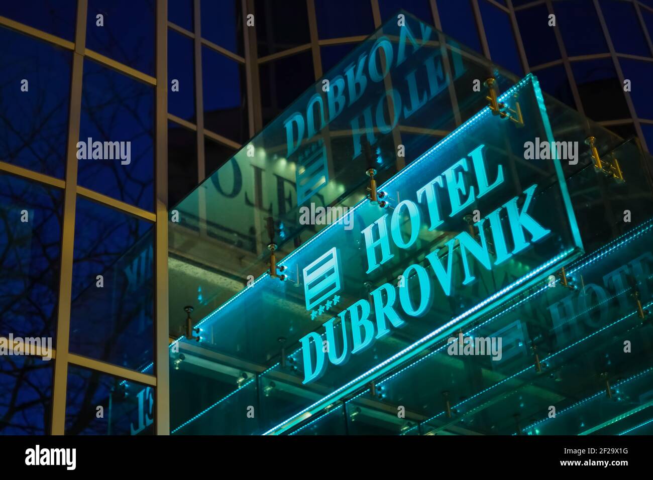 Illuminated sign Hotel Dubrovnik at the entrance of the hotel in Zagreb. Stock Photo