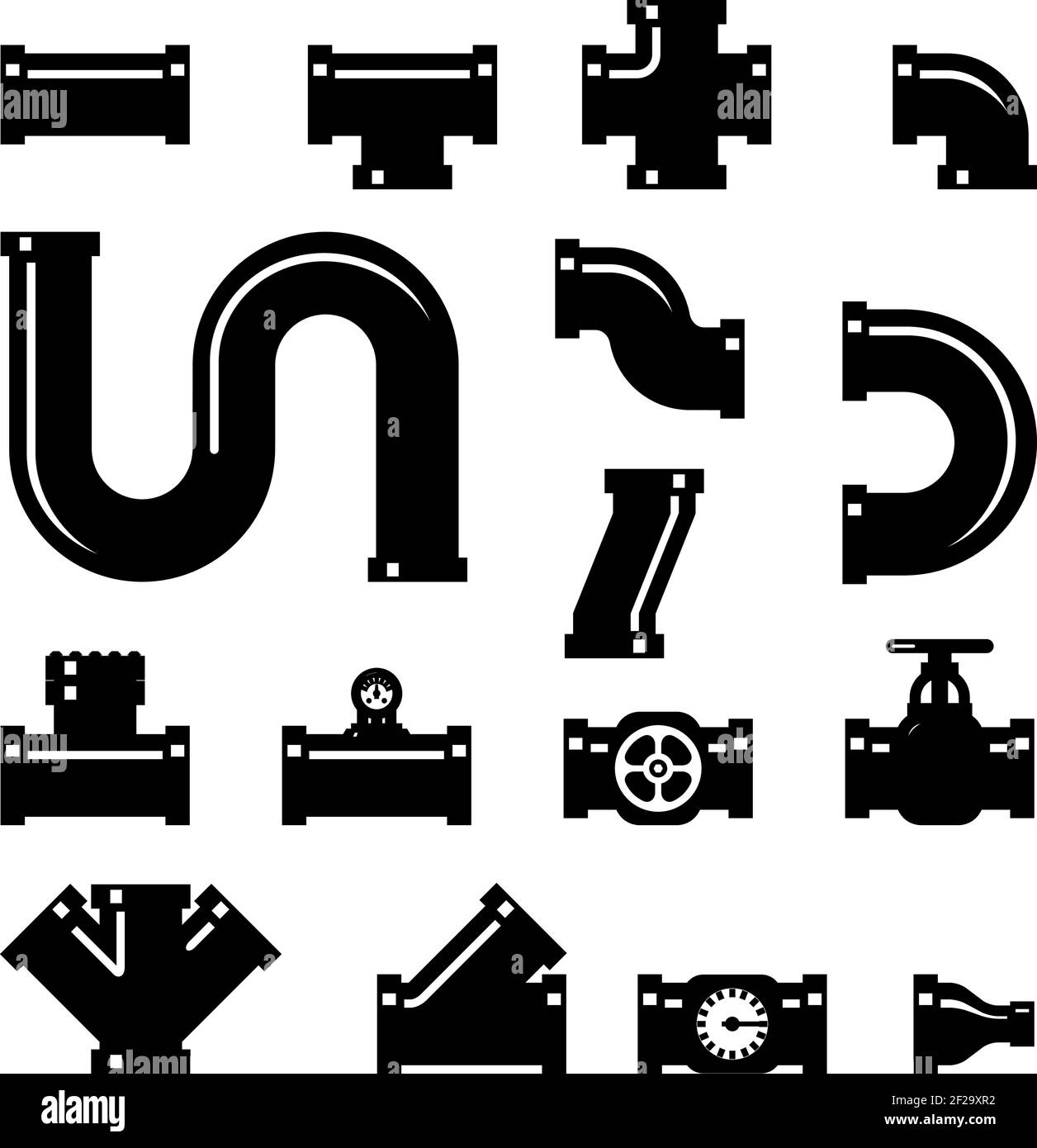 Pipe fittings vector icons set. Tube industry, construction pipeline, drain system, vector illustration Stock Vector
