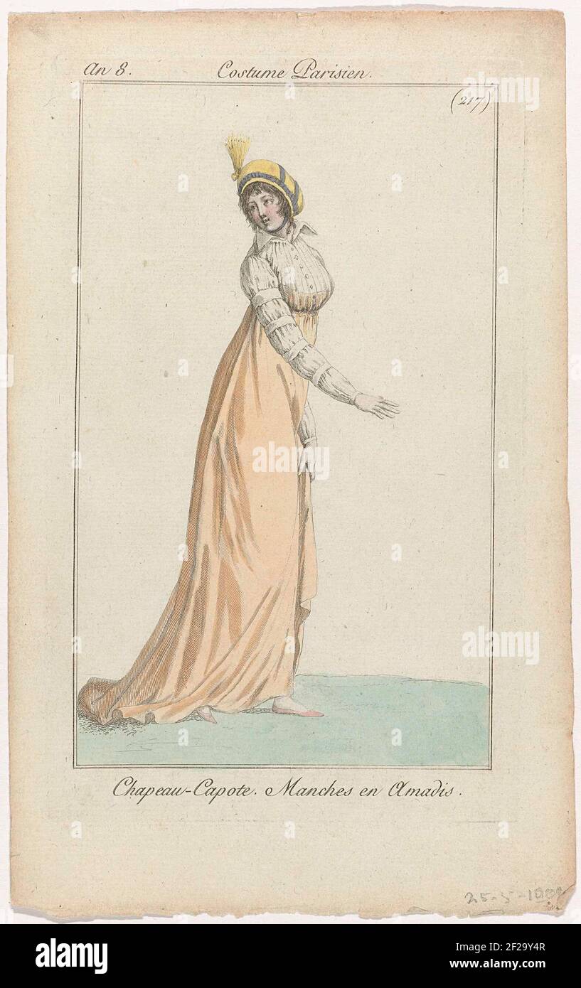 Journal des Dames et des Modes, Costume Parisien, 20 mai 1800, An 8, (217)  : Chapeau-Capot (...).Woman with a 'chapeau-capote' on the head. She is  wearing a copy with drag and a