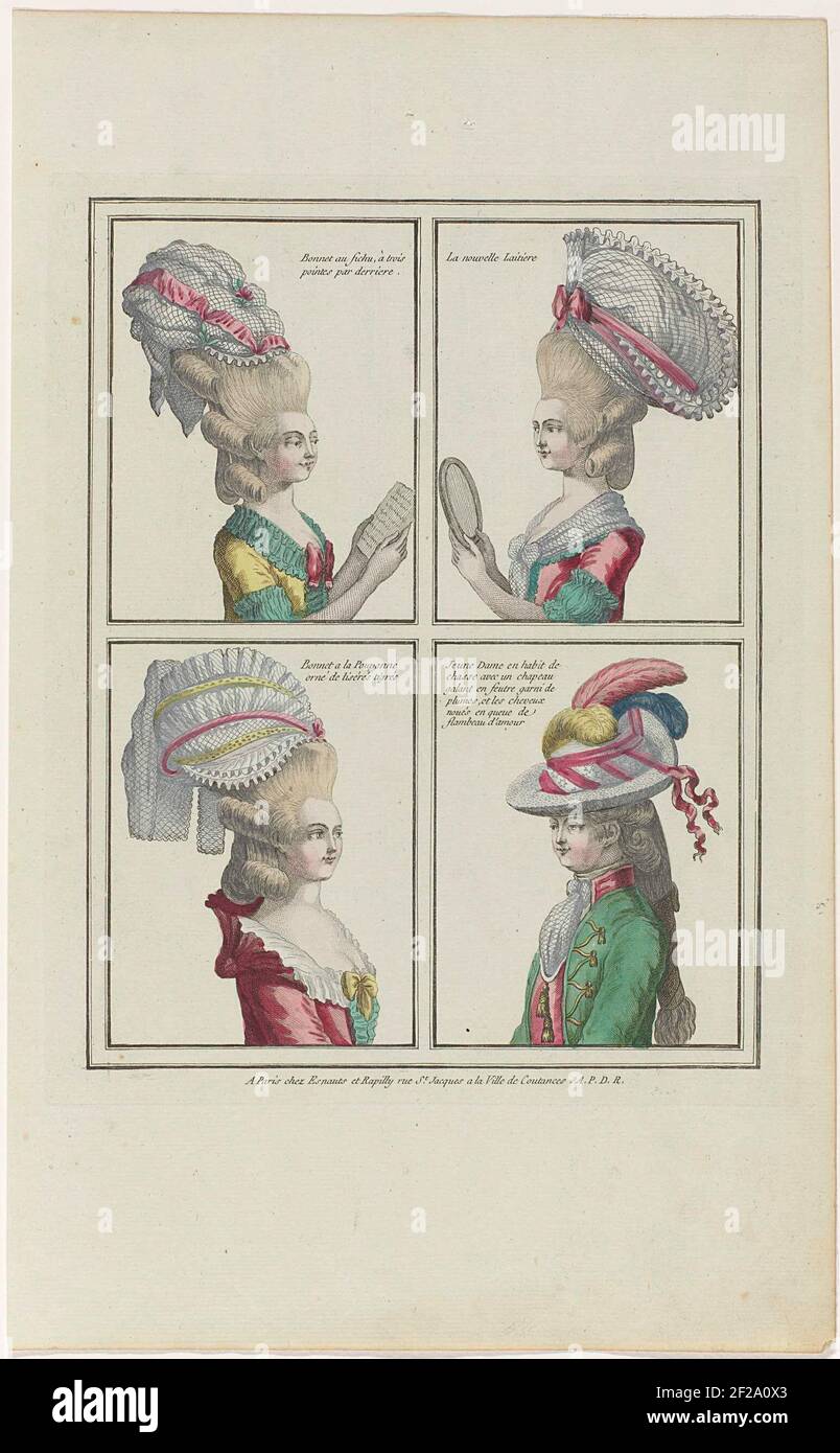 Gallery of French Modes and Costumes, 1776, E 26: Bonnet at the damn (...).  Vier Vrouwenkapsels MET Verschillende Hoofddeksels, Verdeeld in Kaders. Van  Linksboven Naar Rechtsonder: 'Bonnet at the dog, with three
