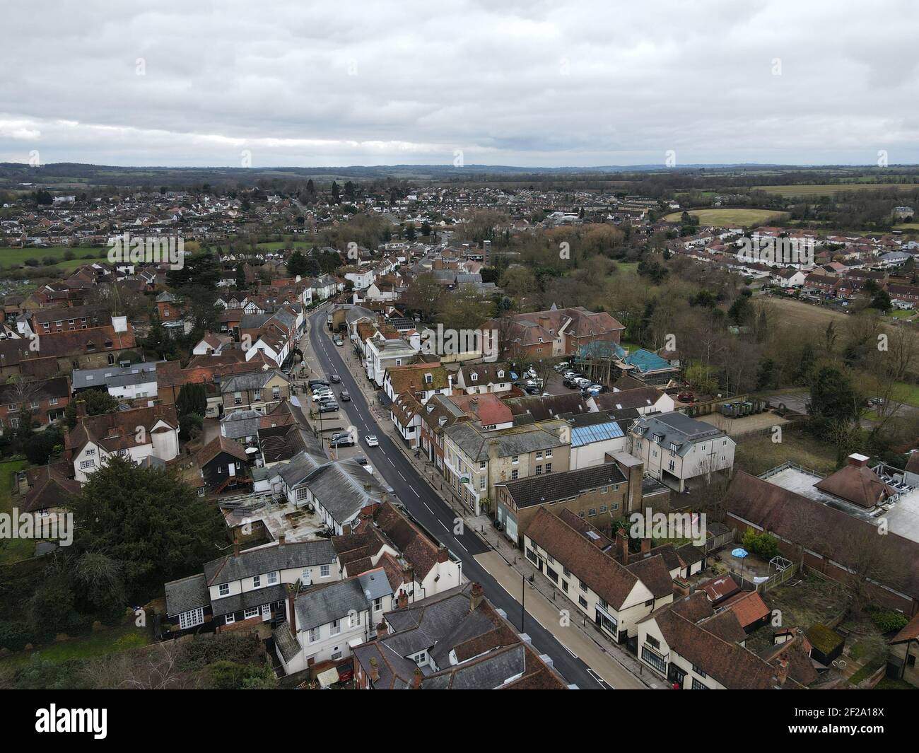 Chipping Ongar High street Essex Aerial footage Stock Photo