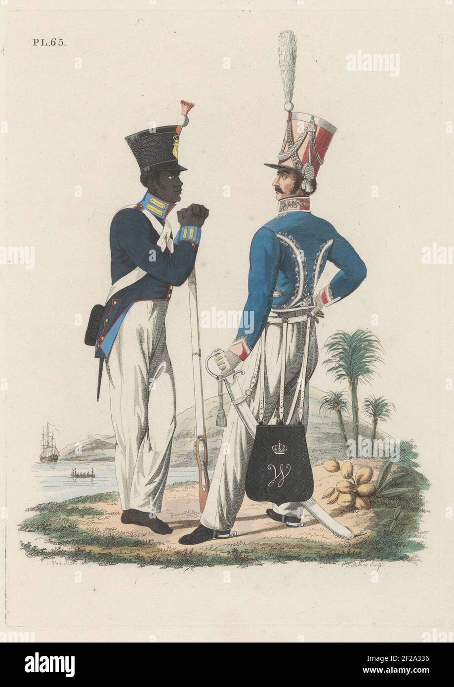 Hussaar, te voet, van het Reg. no. 7, en Infanterist (Inlander). Troepen in de Oost-Indiën.A Dutch hussar of the Hussaren Regiment No. 7 And a native infantryman barefoot. Of the Dutch troops in East Indies. Plate 65. The two standing on the waterfront. Uniform presentation in 'Continued from the description of the Royal Dutch troops' of J.F. Teupking, 1826. Stock Photo