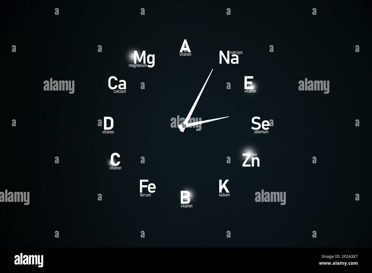 Stylized clockface with vitamins and microelements for human health. Anti age products and healthcare concept design mockup. Stock Photo