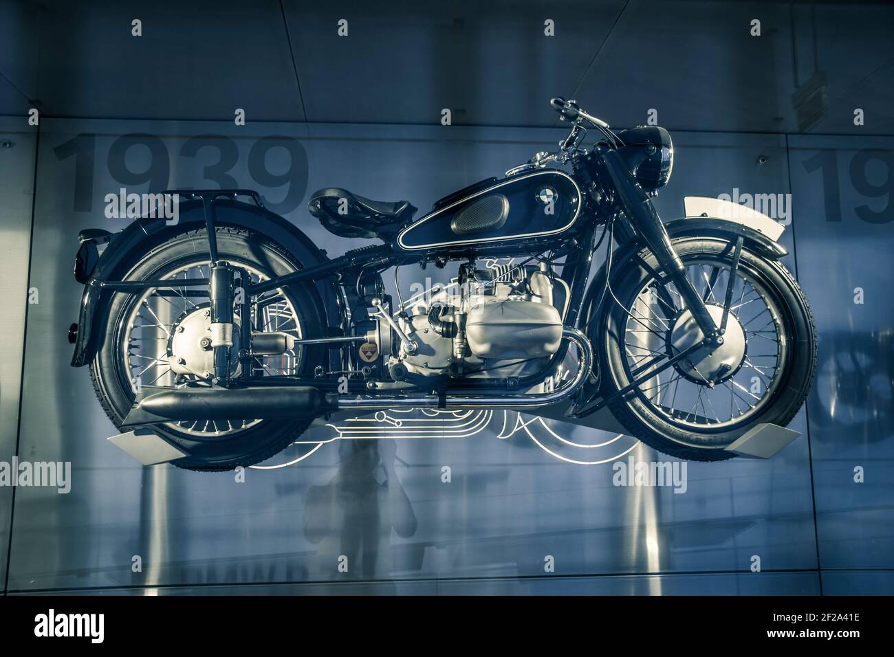 Munich, Germany - May, 24 2019:  classic motocycle BMW R71 1939 in BMW Museum, Welt Stock Photo