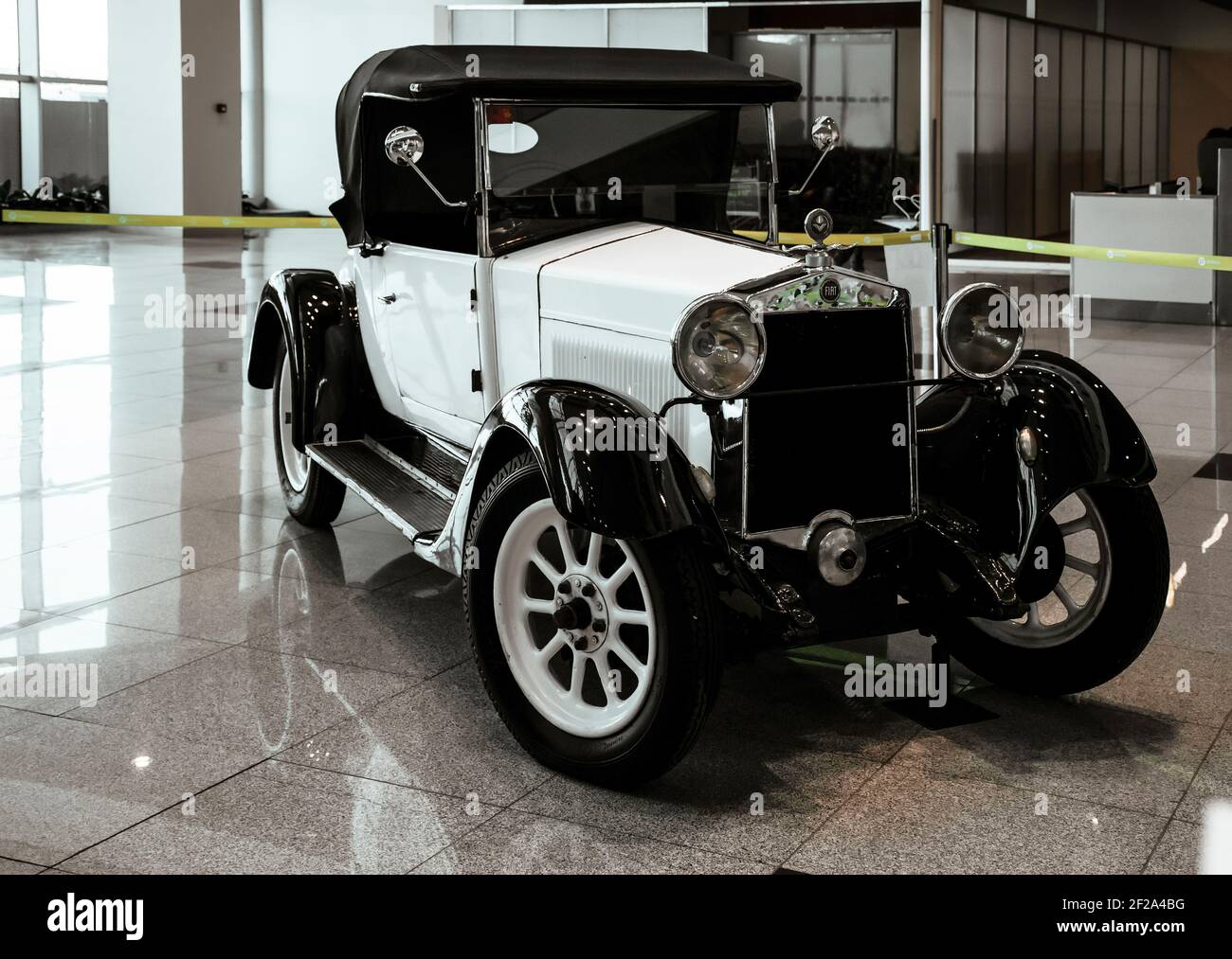 4 June 2019, Moscow, Russia: side view of Fiat 509 Spider (white) 1927. Classical retro cars of 1920s. Exhibition in Moscow. Stock Photo