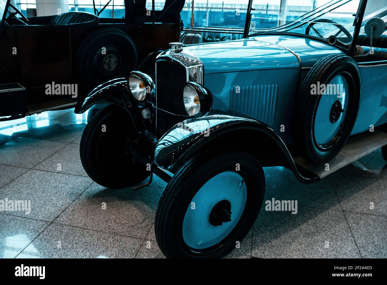 4 June 2019, Moscow, Russia: side view of Peugeot 172 R (blue) 1926.  Classical retro cars of 1920s. Stock Photo