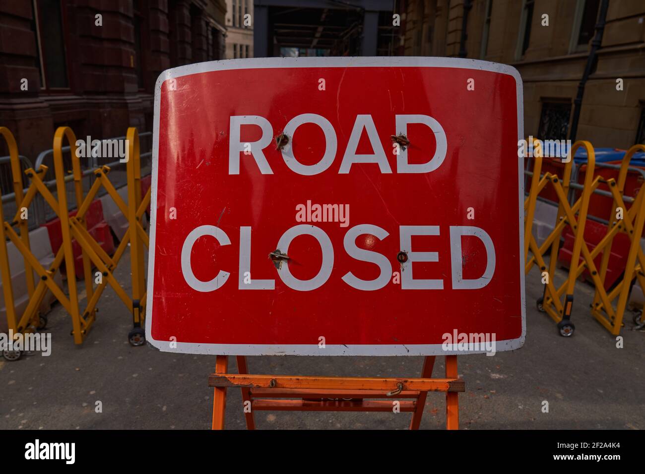 Closed road sign in Manchester city centre Stock Photo