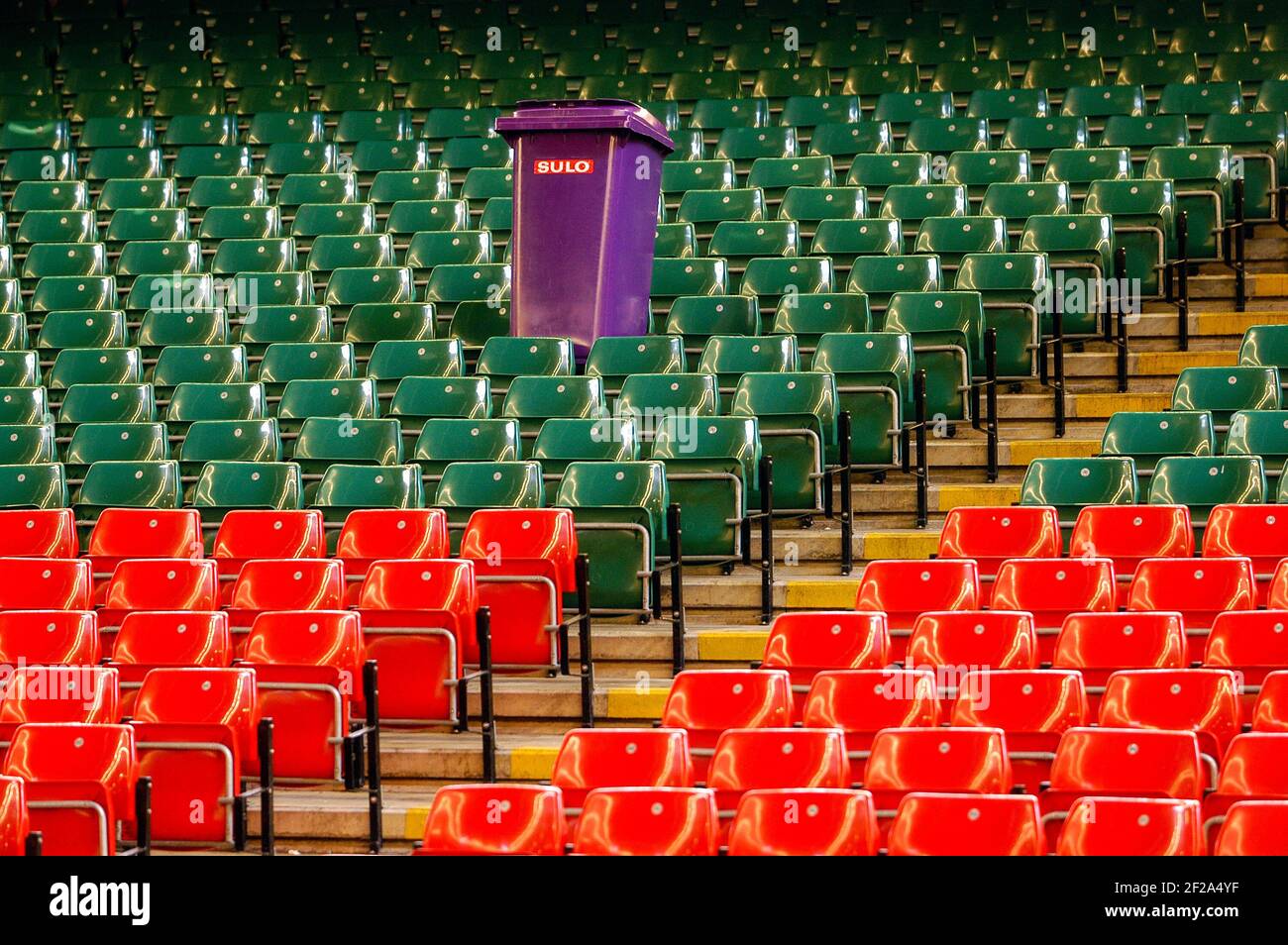 A lone wheelie bin in the empty Principality Stadium, Wales Stock Photo
