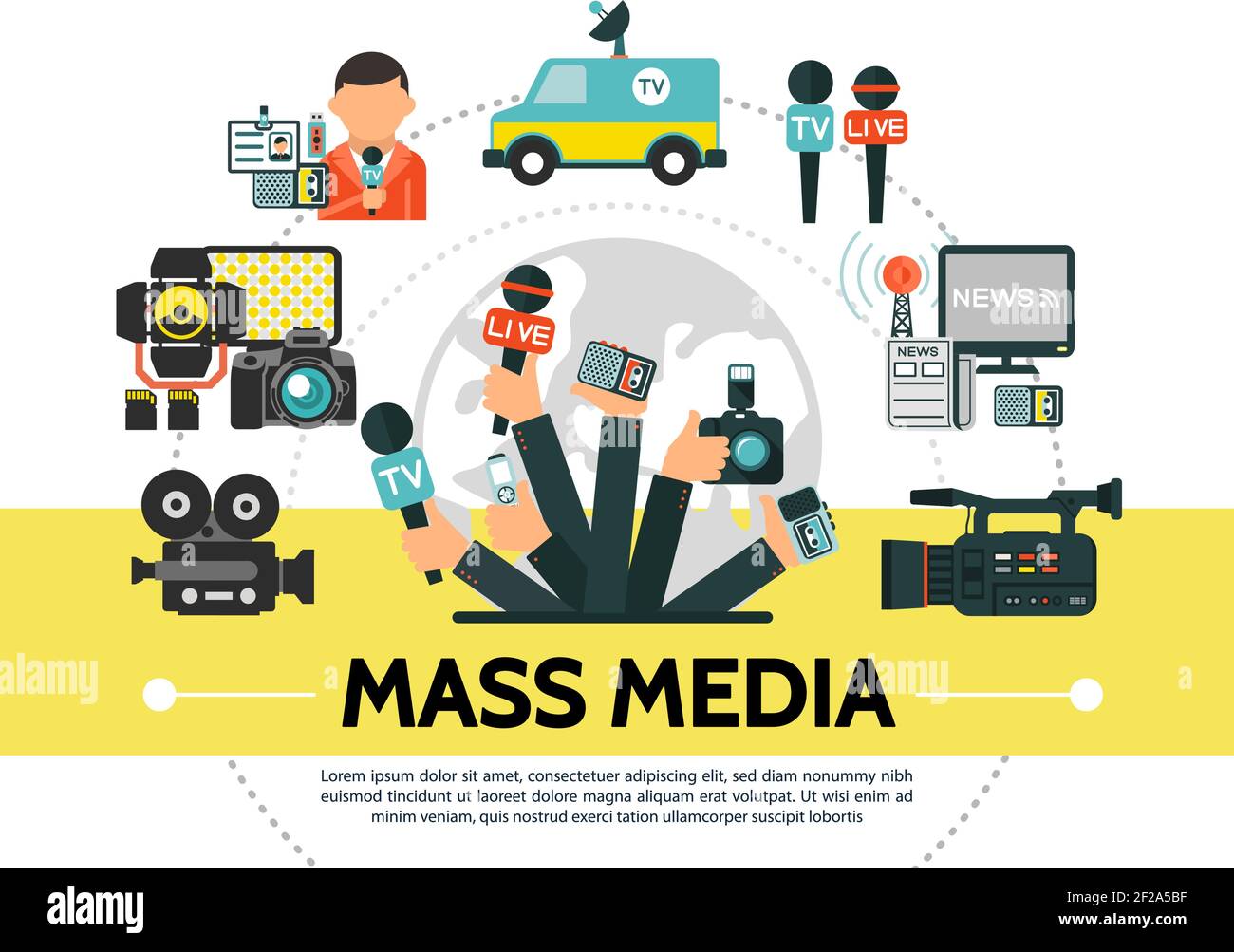 Flat mass media concept with photo video cameras microphones news car flash usb drive reporter radio tower journalists hands holding professional devi Stock Vector