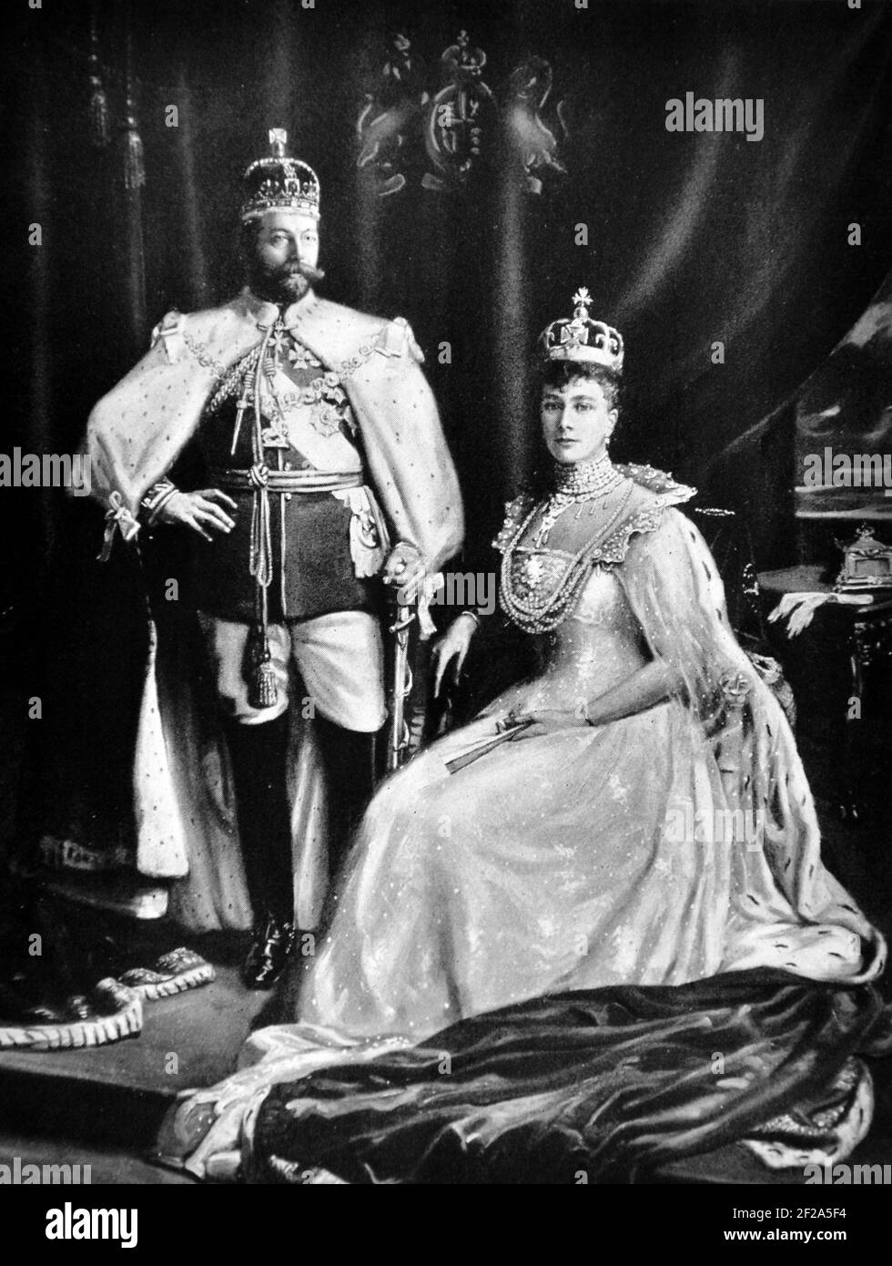 King George V and Queen Mary at the time of their Coronation,  June 1911. From the book: 'FINCHLEY CELEBRATIONS ROYAL SILVER JUBILEE May 1935 Souvenir Handbook'. George V was King of the United Kingdom and the British Dominions, and Emperor of India, from 6 May 1910 until his death in 1936. Mary of Teck was Queen of the United Kingdom and the British Dominions from 1910 until 1936 as the wife of King George V. Stock Photo