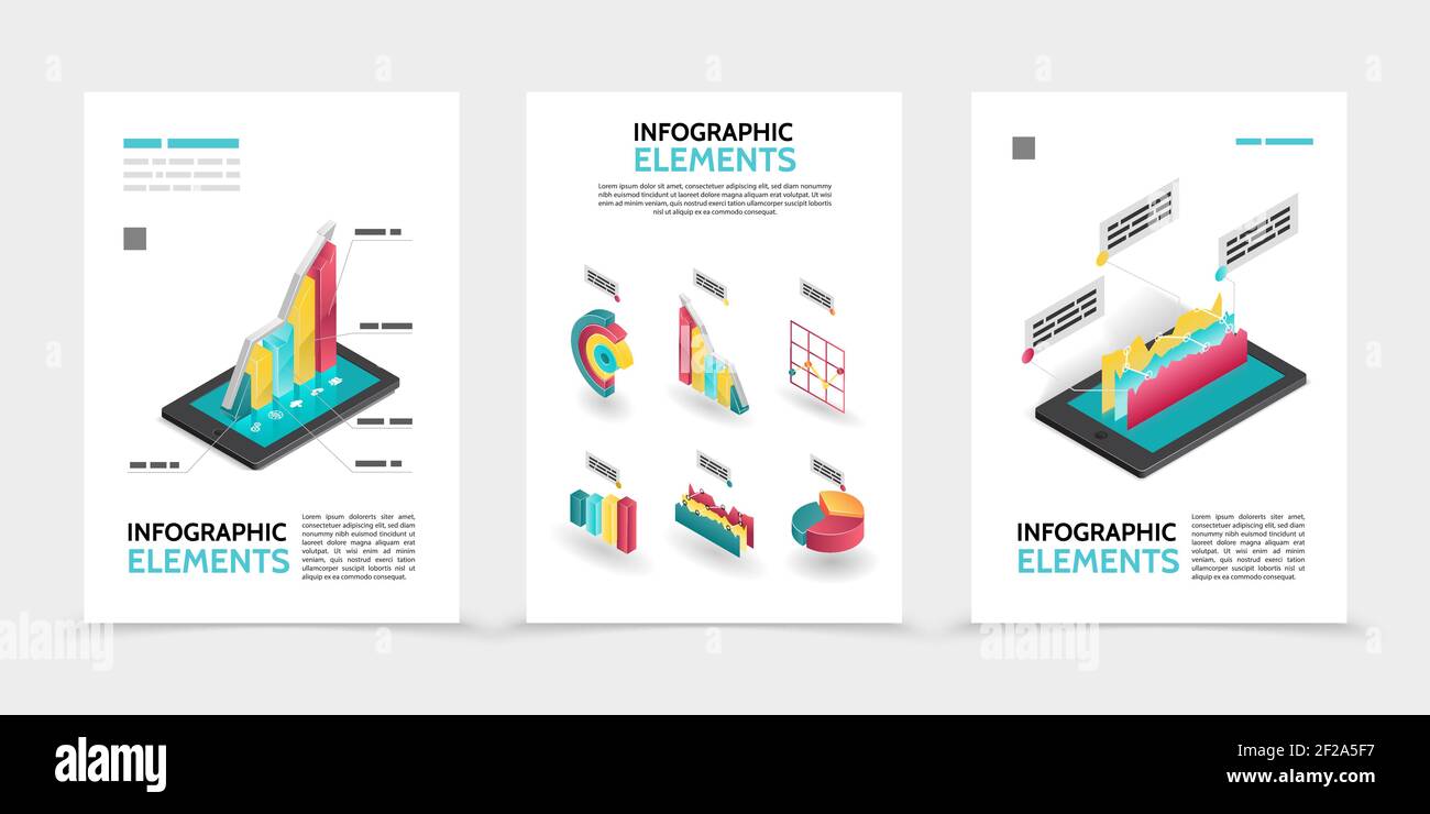 Isometric business infographic posters with 3d colorful diagrams charts graphs on tablet screens isolated vector illustration Stock Vector