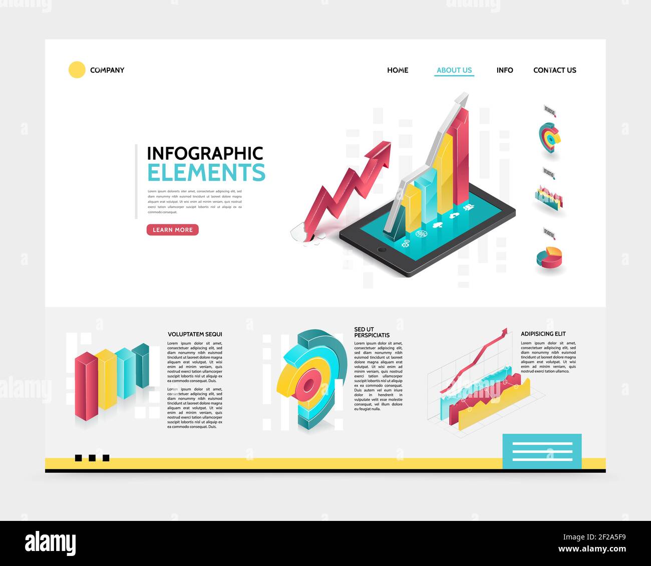 Isometric infographic landing page template with 3d diagrams charts and graphs for business analytics and presentation vector illustration Stock Vector
