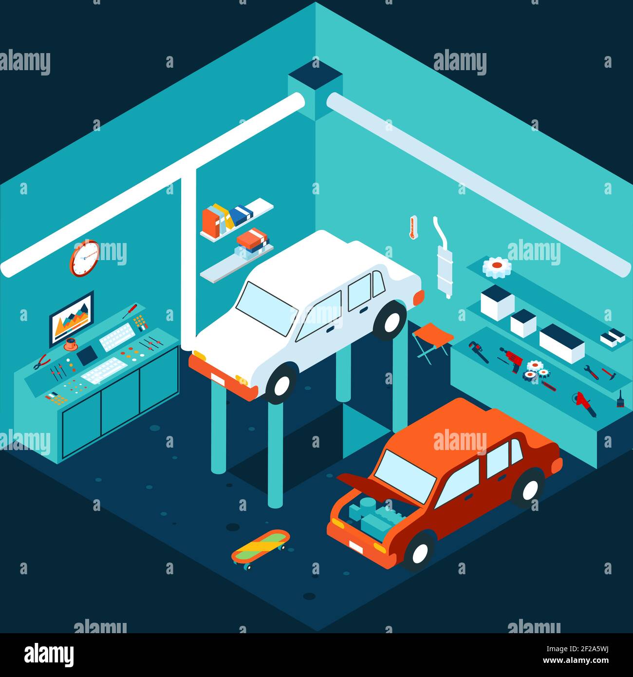 Isometric 3d garage car repair. and auto, lift mechanical